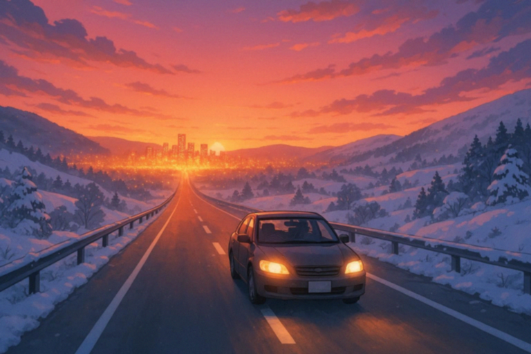 雪道の向こう、灯りの街へ