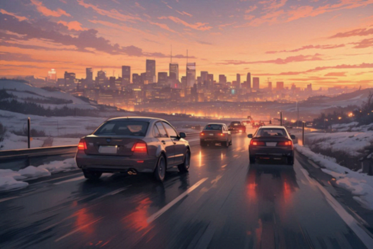 夕焼けの道、街の灯りへ