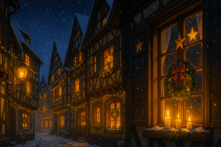 雪の夜、窓辺の灯り